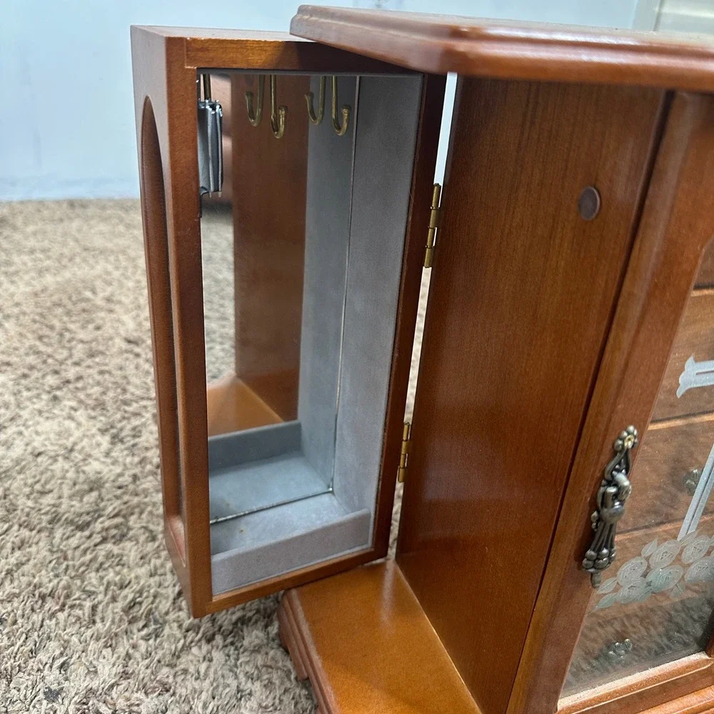 Vintage Wooden Jewelry Armoire Chest Cross Etched Glass 5 Drawers Brown READ